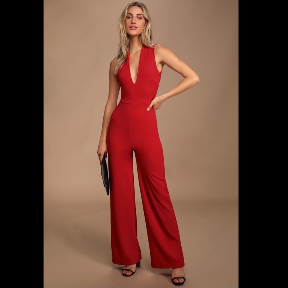 NBW! Lulu’s Red Backless Jumpsuit in Medium